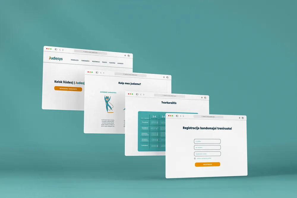 Judesys gym management platform showing multiple overlapping browser windows displaying the homepage, membership options, schedule calendar, and trainer registration form