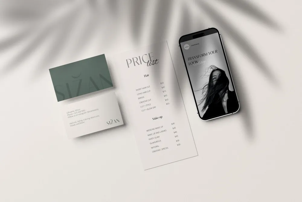 Sizan beauty salon brand identity mockup with business card, price list, and mobile website